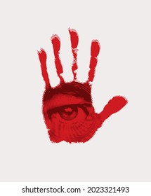 Vector banner with red handprint with male eye and an eyebrow on a palm isolated on a light background. Abstract illustration with a watching human eye and a bloody hand imprint