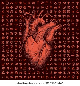 Vector banner with red human heart and magic runes on black background. Hand-drawn illustration of bloody heart and esoteric symbols on theme of alchemy and witchcraft. T-shirt design, tattoo, poster