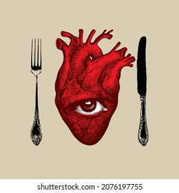 Vector banner with a red human heart, single eye and old cutlery on a beige background. Abstract banner in retro style with a detailed drawing of a human internal organ. Dinner of a maniac cannibal