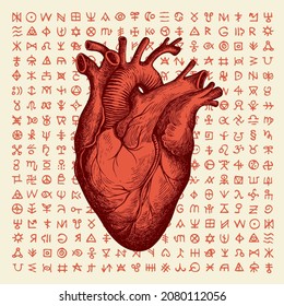 Vector banner with red human heart and magic runes on an old paper backdrop. Hand-drawn illustration of internal organ and esoteric symbols in retro style. Suitable for T-shirt design, tattoo, poster