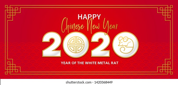 Vector banner, red money envelope with a illustration of the rat zodiac sign, symbol of 2020 on the Chinese calendar. White Metal Rat, chine lucky in New Year. Element for Chinese New Year's design.