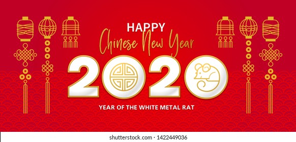 Vector banner, red money envelope with a illustration of the rat zodiac sign, symbol of 2020 on the Chinese calendar. White Metal Rat, chine lucky in New Year. Element for Chinese New Year's design.