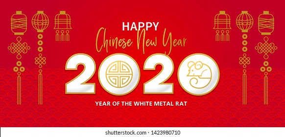 Vector banner, red money envelope with a illustration of the rat zodiac sign, symbol of 2020 on the Chinese calendar. White Metal Rat, chine lucky in New Year. Element for Chinese New Year's design.