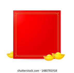 Vector banner with red paper for greeting text. Gold ingots. Bright empty background for New Year's greetings in Chinese style.