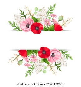 Vector banner with red, pink, and white poppy, lilac, and lily of the valley flowers