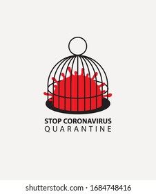 Vector banner with a red viral cell locked in a cage. Stop Coronavirus, quarantine. Dangerous 2019-nCoV Bacteria. No Infection and Stop COVID-19 Concept. Global pandemic Coronavirus alert