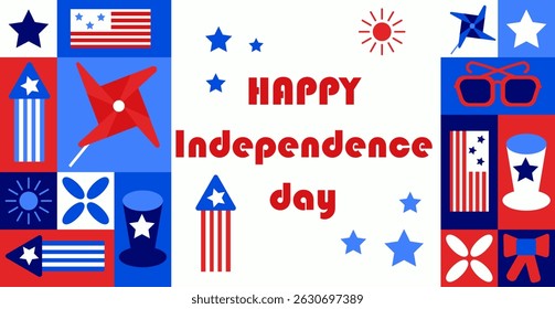 Vector banner with red, white and blue Independence Day symbols and typography on white background. Patriotic celebration concept inspired by American holiday traditions and national pride