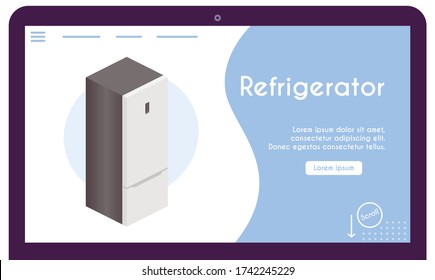 Vector banner of refrigerator in isometric view. Equipment for freezing and storage of dishes at kitchen. Illustration of appliance for modern design interior. Banner template design, landing page