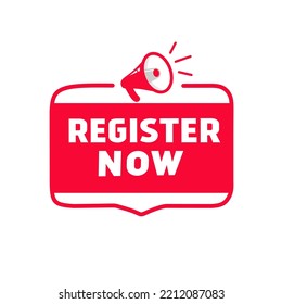 Vector banner register now label. Megaphone icon. Flat design.