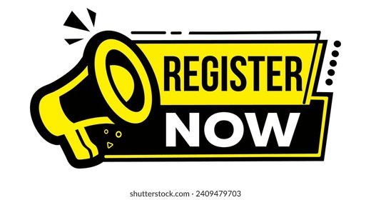 Registro de pancartas vectoriales ahora con megáfono. Un botón de anuncio con un altavoz. Registrar ahora la etiqueta de cinta de opciones. Registro gratuito en megafón. Banner vectorial de altavoz. 
