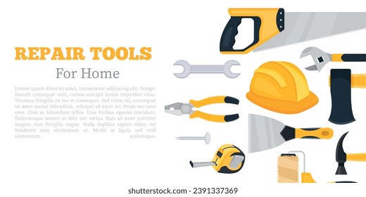 Vector banner of repair tools in cartoon style. Concept of construction and housework. A team of custom builders. Elements for your design. Saw, hammer, etc.