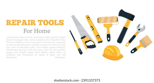Pancarta vectorial de herramientas de reparación al estilo de las caricaturas. Concepto de construcción y trabajo doméstico. Un equipo de constructores personalizados. Elementos para su diseño. Saw, martillo, etc.