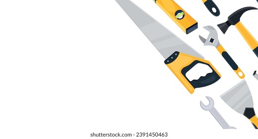 Vector banner of repair tools in cartoon style. Concept of construction and housework. A team of custom builders. Elements for your design. Saw, hammer, etc.