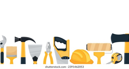 Vector banner of repair tools in cartoon style. Concept of construction and housework. A team of custom builders. Elements for your design. Saw, hammer, etc.