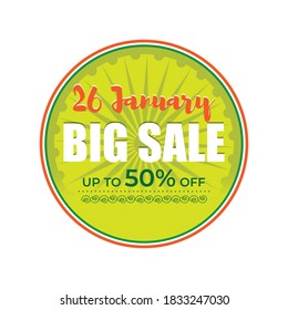 Vector banner of Republic day Big Sale, upto 50% off, 26 january, national holiday of India, ashoka chakra, offer banner template for website.