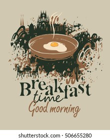 vector banner for a restaurant with breakfast with a frying pan and fried eggs on the background of the old town