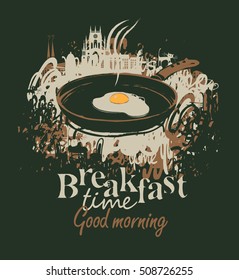 vector banner for a restaurant with breakfast with a frying pan and fried eggs on the background of the old town