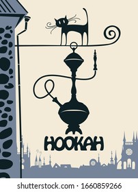 Vector banner for a restaurant or cafe with Oriental cuisine and hookah. Illustration with a street sign in the form of a hookah and a black cat on the background of the old city in a flat style