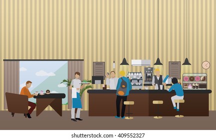 Vector banner with restaurant interior. People having lunch in cafe and bar.