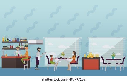 Vector banner with restaurant interior. People having lunch in cafe and bar.