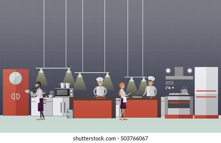 Vector banner with restaurant interiors. Chefs cooking food in kitchen room. Vector illustration in flat design.