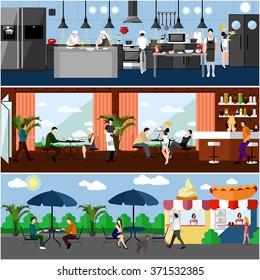 Vector Banner With Restaurant Interiors. Kitchen, Dining Room And Street Cafe. Vector Illustration In Flat Design. 