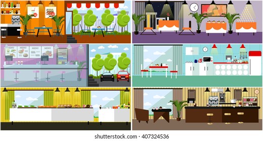 Vector Banner With Restaurant Interiors. Kitchen, Dining Room, Cafe, Fast Food. Vector Illustration In Flat Design.