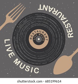 Vector banner for restaurant with live music patterned vinyl and cutlery on the cardboard background in retro style