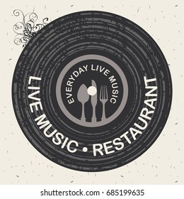 Vector banner for restaurant with live music patterned vinyl and cutlery on the cardboard background in retro style