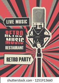 Vector banner or restaurant menu with live music decorated with realistic microphone on bright background with rays in retro style. Retro music restaurant