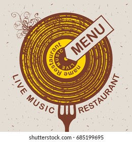 Vector banner for restaurant menu with live music patterned vinyl and fork on the cardboard background in retro style