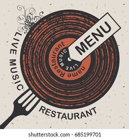 Vector banner for restaurant menu with live music patterned vinyl and fork on the cardboard background in retro style