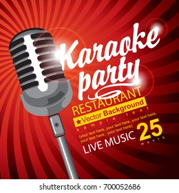 Vector banner for restaurant with a microphone, calligraphic inscription Karaoke party and place for text on red abstract background