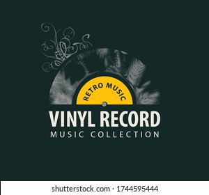 Vector banner for retro music with old vinyl record and words Vinyl record, Music collection on the black background. Suitable for poster, flyer, brochure, card, invitation, placard