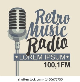 Vector banner for retro music radio with microphone and inscription in retro style. Radio broadcasting concept with classic dynamic silver mic. Suitable for banner, ad, poster, flyer, logo