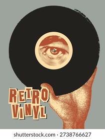 Vector banner or retro poster for vinyl record store with human hand holding vinyl record with eye design. Suitable for creative use, advertising, logos, or T-shirt designs.