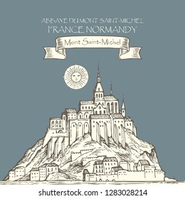 Vector banner in retro style with hand drawn illustration of Mont Saint-Michel, France. French sightseeing, abbey fortress on the island.