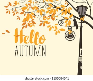 Vector banner in retro style on the fall theme with the inscription Hello autumn. Autumn landscape with tree branches, a crow on the lamp post and street sign with cup of hot drink