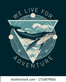 Vector banner in retro style on the theme of adventure, research and discovery with the words We live for adventure. Hand-drawn illustration with a whale, an old map and sea waves on a dark background