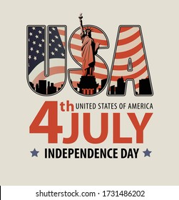 Vector banner in retro style with the words 4th july, Independence Day and the letters USA with the image of the Statue of Liberty on the background of the New York cityscape and American flag