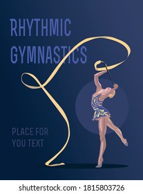 Vektorbanner mit einem rhythmischen Gymnast, der mit Band und Text auf dem Hintergrund auftritt - rhythmische Gymnastik, Platz für Ihren Text