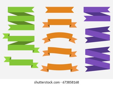 Vector banner Ribbons. Set of 11 ribbons. Green, Orange, Purple Ribbons. Template.