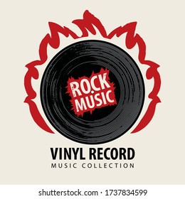 Banner vectorial para música rock con disco de vinilo negro en llamas y palabras Vinyl record, Colección musical. Adecuado para afiches, carteles, volantes, folletos, tarjetas, invitaciones, iconos o logotipo