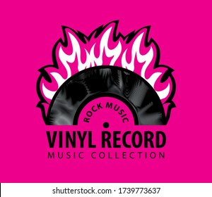 Vector banner for rock music with black vinyl record on fire and words Vinyl record, Music collection on a bright crimson background. Suitable for poster, placard, flyer, invitation, icon or logo