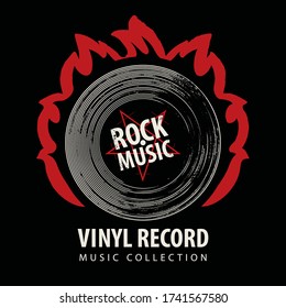 Vector banner for rock music with black vinyl record on red fire and words Vinyl record, Music collection. Suitable for poster, placard, flyer, brochure, card, invitation, icon, logo, t-shirt design