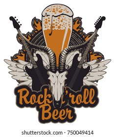 Vector banner for a rock pub with live music with an inscription and a picture of a full glass of beer, goat skull, acoustic guitars, wings and vinyl records in the fire