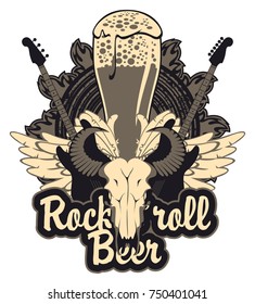 Vector banner for a rock pub with live music with an inscription and a picture of a full glass of beer, bull skull, acoustic guitars, wings and vinyl records in the fire