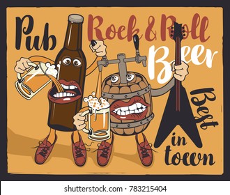 Vector banner for Rock and roll pub with inscriptions pub, rock-n-roll, beer, best in town. Illustration in a flat style with a fun beer bottle and a barrel that hold the guitar and glasses of beer