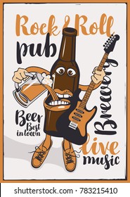 Vector banner for Rock and roll pub with inscriptions brewery, beer, best in town, live music. Illustration in a flat style with a cheerful bottle of beer that holds a guitar and a full glass of beer