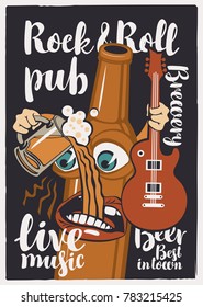 Vector banner for Rock and roll pub with inscriptions brewery, beer, best in town, live music. Illustration in a flat style with a cheerful bottle of beer that holds a guitar and a full glass of beer